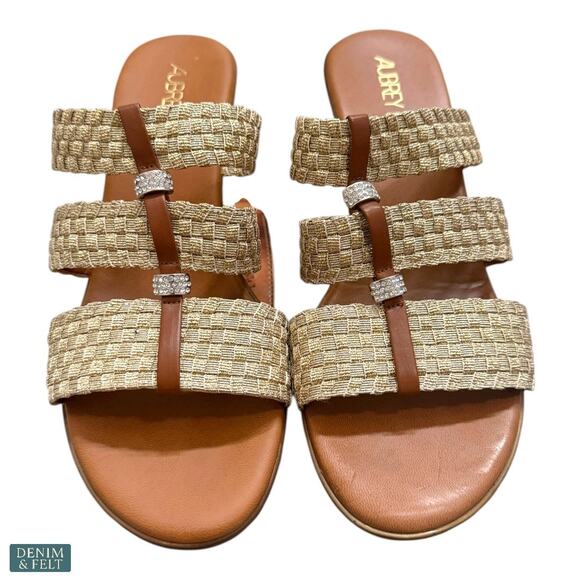 Aubrey Lynn Tan Woven Slide Sandals Rhinestone Straps Boho Luxe Resort 9.5 - Picture 1 of 10